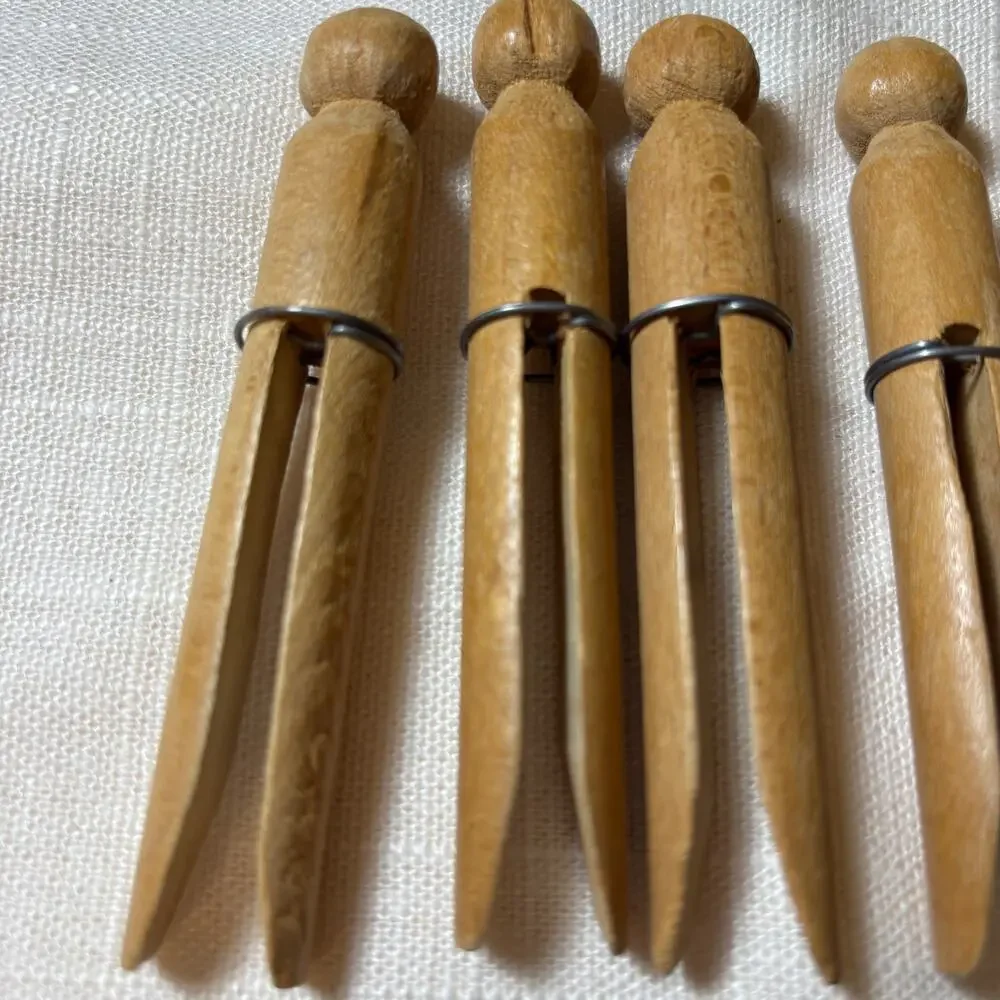 Vintage Wooden Clothespins Lot 7 Round Head Wire Ring Laundry Clothes Pegs
